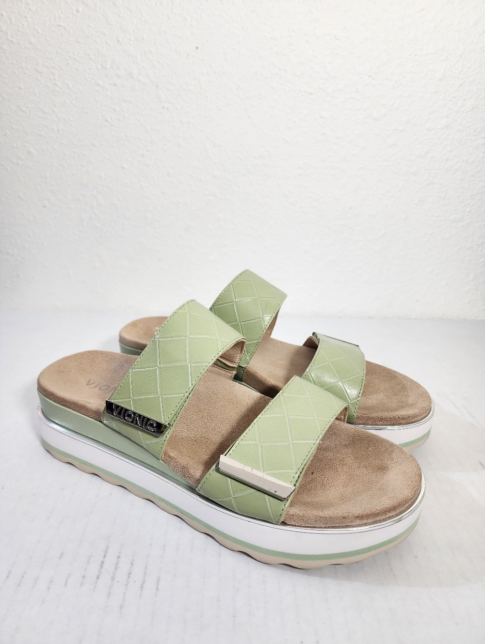 Vionic Women Slide Sandals Green Quilted Comfort Platform Slip On Size 9.5